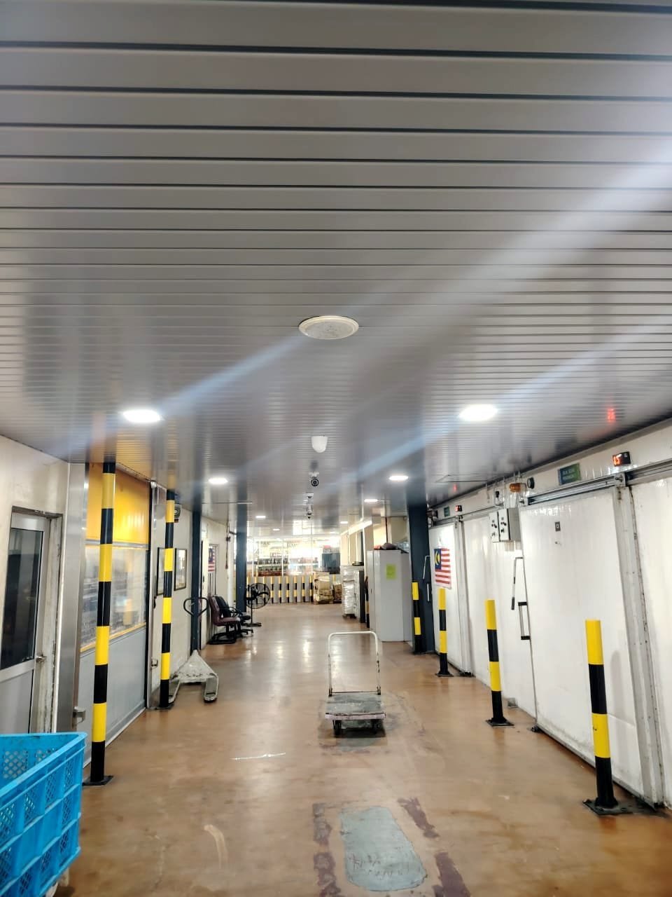 Cold-room corridor lined with hazard bollards and insulated doors